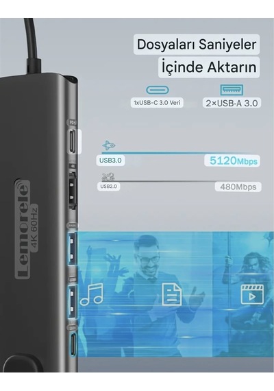 Lemorele 6'nın 1'i Type-c Pd 100w/ Hdmı 4k/rj45 1000mbps./usb 3.0 Hub Çoklayıcı Çoğaltıcı Adaptör Ce Lisanslı