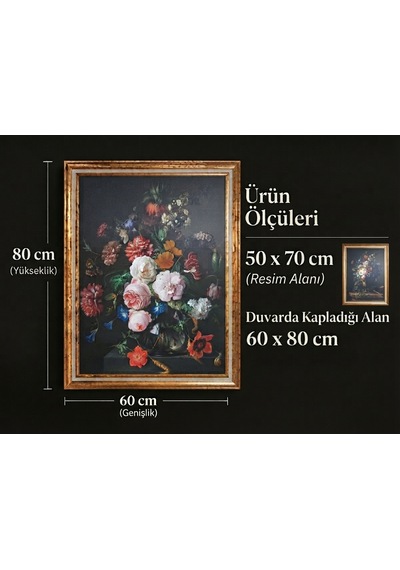 Vintage Gold Çerçeveli Dekoratif Tablo - Dark Floral Art - 60x80 Cm