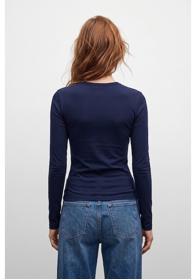 Elemge %95pamuk %5likra Vücuda Oturan Magic Fit Lacivert Kadın Stretch Uzun Kollu T-shirt Compact Penye Esnek Basic Tişört Elastan Bluz