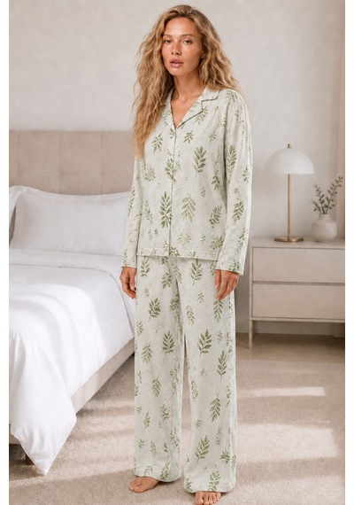 Kadın Casual Esnek Bol Çağla Pijama Takımı 4669 Çağla Yeşili