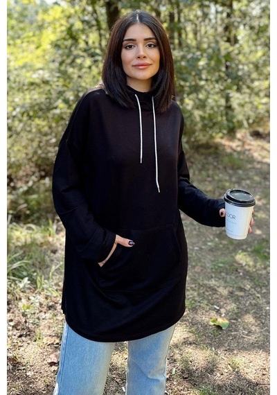 WeShaya Kadın Siyah Uzun Kol, Yakası Bağcıklı, Kapüşonlu, Kanguru Cep, Salaş, Uzun Tunik Sweatshirt Siyah