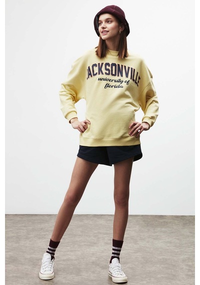 ETHIQUET RA ONA Kadın Oversize Yumuşacık İçi Polarlı Organik Pamuklu Baskılı Yuvarlak Yakalı Sarı Sweatshirt