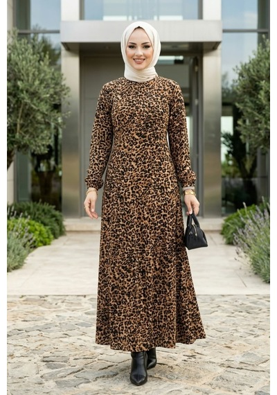 Hb Harma Time Butik Kadın Fermuarlı Leopar Desenli Viskon Tesettür Elbise Siyah Siyah
