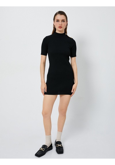 Koton Mini Triko Elbise Fitilli Kısa Kollu Dik Yaka Siyah 4wak80013ht 4WAK80013HT999