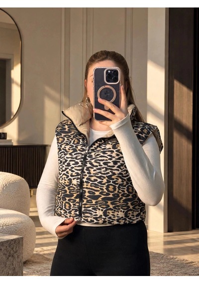 Elora Atelier Çift Taraflı Leopar Desenli Şişme Yelek Bej-leopar