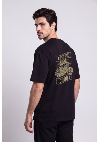 Black Nova Oversize Baskılı Unisex %100 Pamuk T-shirt Lifetime Journey Siyah