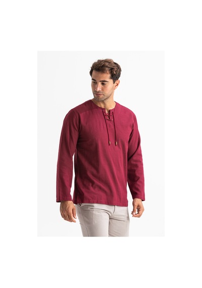 Büyük Beden Şile Bezi Uzun Kol Zımbalı Erkek Tshirt Koyu Bordo 30 Koyu Bordo