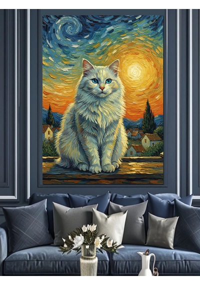 Karizma Tablo Van Gogh Stili Beyaz Kedi Dekoratif Kanvas - Mdf Ahşap Tablo