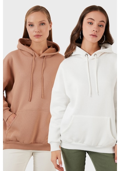 Lela Regular Fit Pamuklu Kapüşonlu Yaka Şardonlu Kışlık 2'Li Paket Bayan Sweat 5863854S2 Ekru-Bisküvi