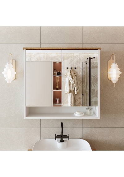 Banos Banyo Kulpsuz 2 Kapaklı Mat Beyaz Mdf 82Cm Aynalı Üst Dlp Atlantik Çam - Beyaz