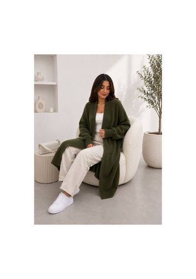 Hira Life Fashion Kadın Şal Yaka Uzun Triko Ve Sakallı Tüylü Hırka Haki Haki