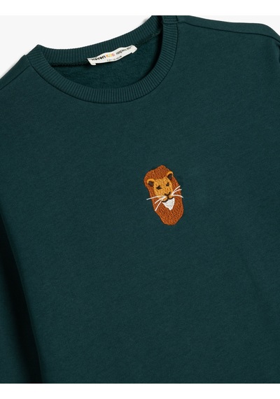 Koton Uzun Kollu Bisiklet Yaka Aslan İşlemeli Şardonlu Pamuklu Sweatshirt Yeşil 5wkb10555tk Yeşil