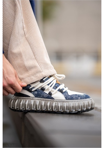 Hammer Jack Desenli Deri Yüksek Taban Erkek Sneaker Mavi