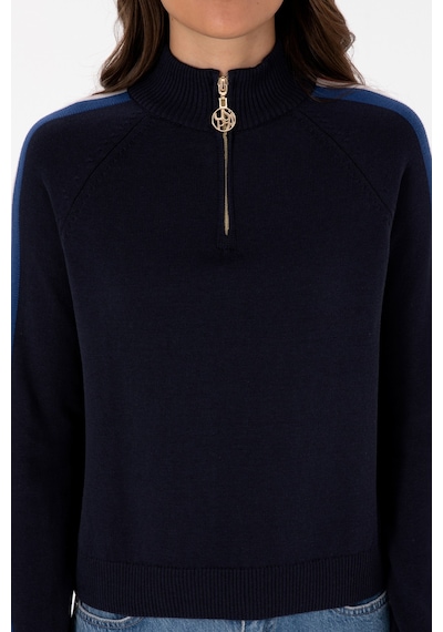U.S. Polo Assn. Kadın Lacivert V Yaka Fermuarlı Kazak 50314691-VR033