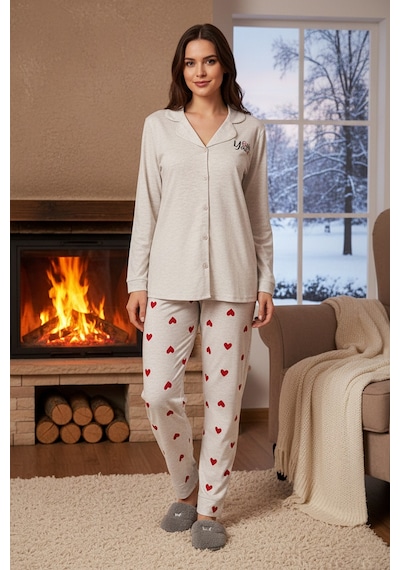 Remsa Kadın Kalp Desen Suprem Pijama Takımı 0529 Vizon05 Vizon05