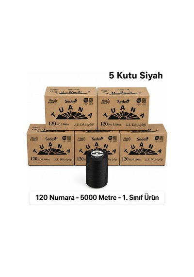 Tuana Polyester Dikiş İpliği 120 Numara 5000 Metre Siyah 30 Bobin 5 Kutu Makine İpi Dikiş İpi