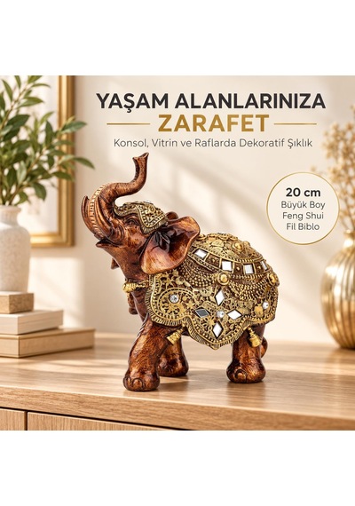 Lüks Ayna Nakış İşlemeli Feng Shui Fil Biblo 20 Cm Büyük Boy Dekoratif Heykel Ev Ofis Hediyesi
