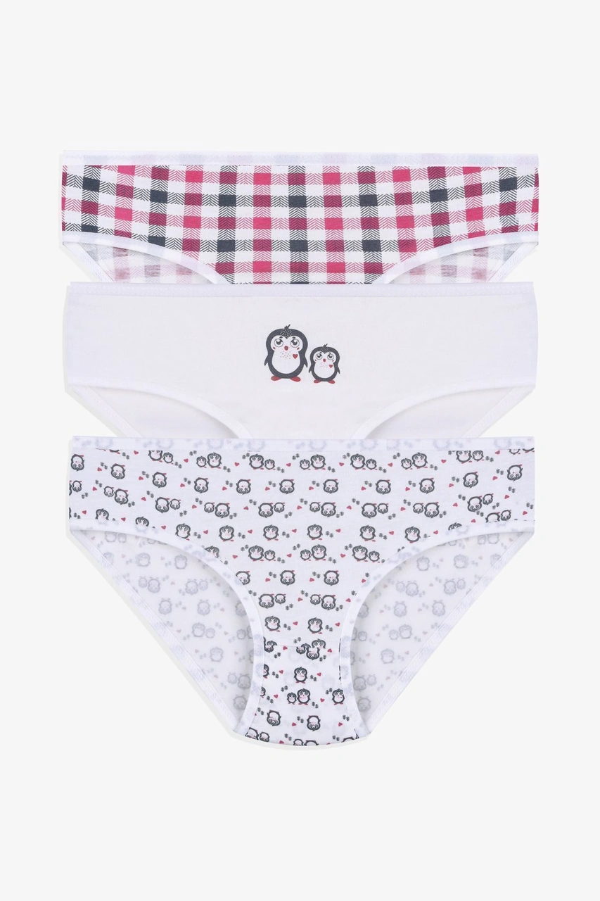 Koza İç Giyim Kız Çocuk 3'lü Penguen Desenli Slip 1050 Pembe - Beyaz