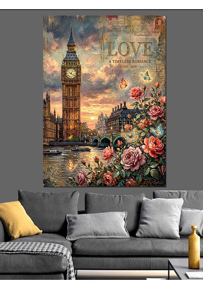 Çiçekli Londra Big Ben Dekoratif Kanvas - Mdf Ahşap Tablo