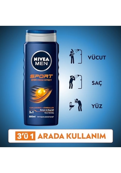 Nıvea Men Erkek Sports Duş Jeli, 500 Ml, 3ü 1 Arada Kullanım, Vücut, Yüz Ve Saç, 24 Saat Ferahlık, Enerji Veren Koku Acai Üzümü