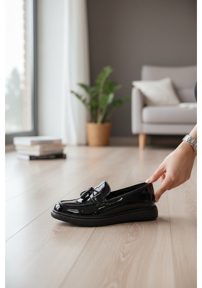 Enoch Hakiki Deri Siyah Püsküllü Casual Loafer Esnek Ve Kalın Tabanlı Siyah Rugan Enoch Hakiki Deri Siyah Püsküllü Casual Loafer Esnek Ve Kalın Tabanlı Siyah Rugan