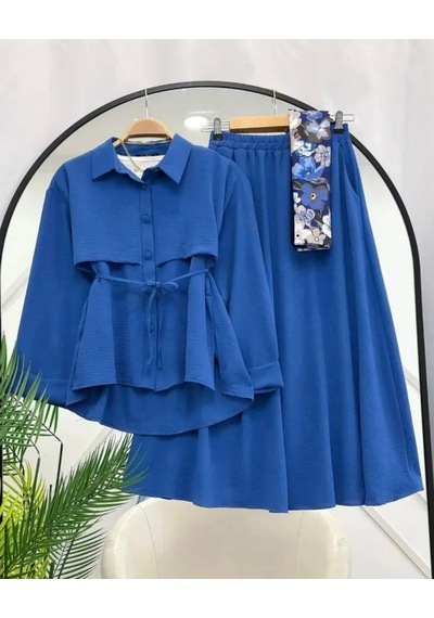 Lovie Moda Kadın Parça Detaylı Etekli Takım Mavi