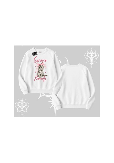 Tarzsokak Serene Beauty Kedi Baskılı Biskilet Sweatshirt Beyaz