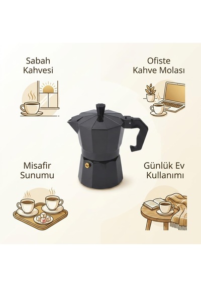Deconox Siyah Moka Pot 3 Fincanlık Moka Kahve Cezvesi, 180 Ml Alü