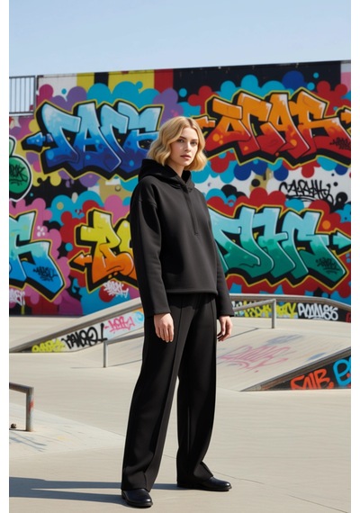 Benerly Kadın Kapüşonlu Düşük Kol Oversize Örme Sweatshirt Fonksiyonel Da siyah