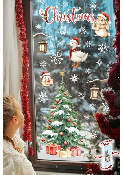 Christmas Yılbaşı Cam Sticker Seti 50 Parça Çift Taraflı Baskı, Suya Dayanıklı, Kar Tanesi Figürler Dijital Baskı
