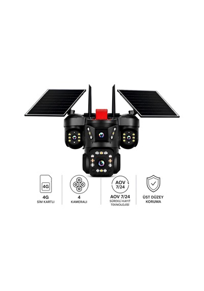 Onqam On-s4 Sim Kart Takılabilen 4 Kameralı Güvenlik Kamerası - Solar Güneş Panelli Renkli Gece Görüşü Ve Ip67 Aov Sürekli Kayıt