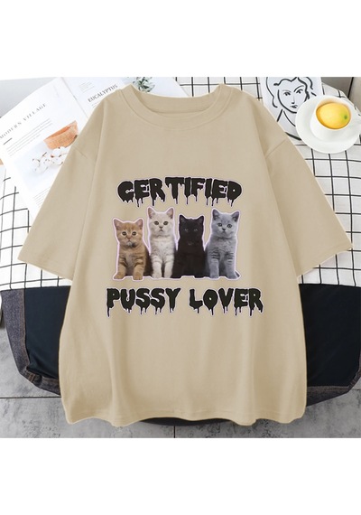 Flood Of Style Komik Sertifikalı Kedi Sevgilisi Meme Kedi Grafik T Shirt Unisex Moda Kawaii T-shirt Sokak Ra Bej