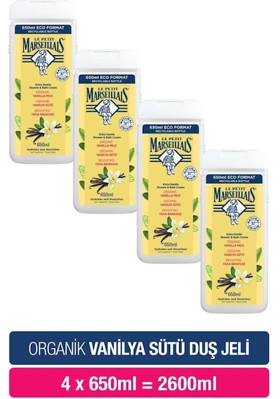 Le Petit Marseiliais Vanilya Sütü Banyo ve Duş Jeli  Avantajlı Paket 4 x 650 ML + Lif