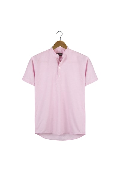 Erkek Pembe Hakim Yaka Yarım Patlı Dik Çizgili Kısa Kollu Slim Fit Gömlek Pembe