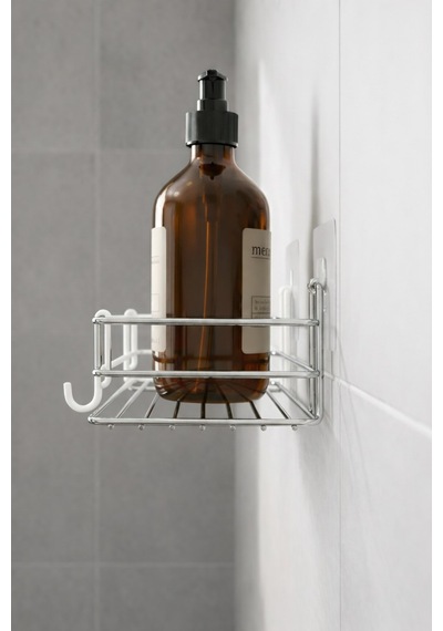 Tek Katlı Duş Rafı Kancalı Banyo Şampuanlık & Organizer 2 Adet Krom Tş-01 Krom