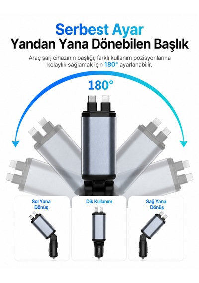 3'ü 1 Arada Hızlı Araç Şarj Cihazı Usb + Type-c + İos Entegre Kablolu Pd Hızlı Şarj 180 Dönebilen Başlık Led Aydınlatmalı