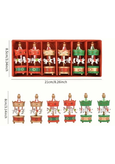 6'lı Mini Ahşap Atlıkarınca Yılbaşı Süsü - Nostaljik Carousel Dekor Seti 001