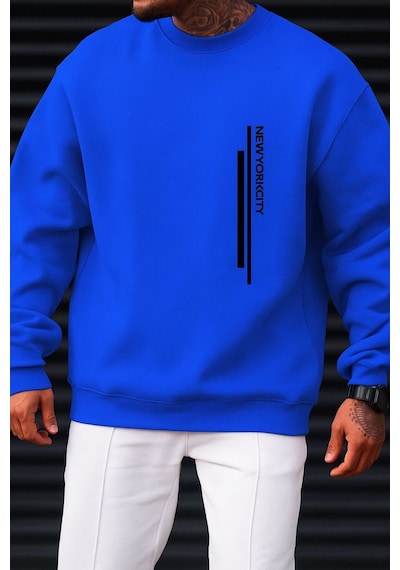 Benroma 3 İplik Penye New York Cıty Baskılı Unisex Sweatshırt Saks Mavisi