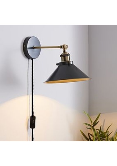 Rsylight Retro Metal Rustik Dekoratif Mafsallı Kablolu Anahtarlı Duvar Aplik Çap:22 Siyah