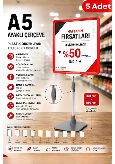 5 Adet - A5 Ayaklı Çerçeve Seti Plastik Ördek Ayak Teleskopik Borulu Fiyat Etiketliği Yönlendirme Levhası Menü Panosu Kırmızı