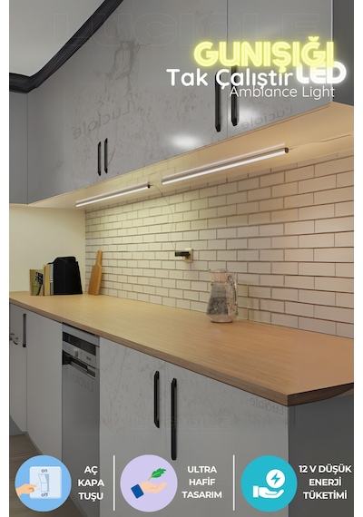 Mutfak Tezgah Altı Led Işık Bar Aç Kapa Günışığı Yapışkanlı 1 Metre - Lambader Gun6