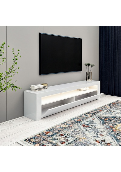 Batı LED Işıklı 2 Kapaklı TV Sehpası – 150 cm – Minimal Tasarım, Parlak Beyaz Batı LED Işıklı 2 Kapaklı TV Sehpası – 150 cm – Minimal Tasarım, Parlak Beyaz