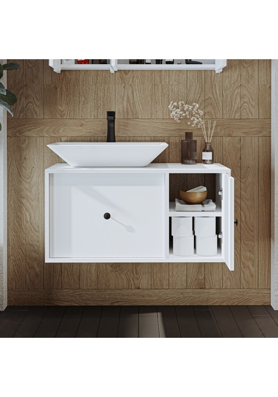 Gusto Ayaksız Lavabolu Mdf 90 Cm Çekmeceli Banyo Dolabı Beyaz Mat Beyaz