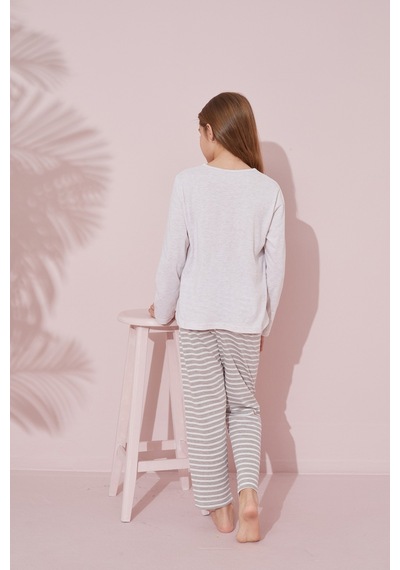 Siyah İnci Pamuklu Örme Pijama Takım 24241110 Gri