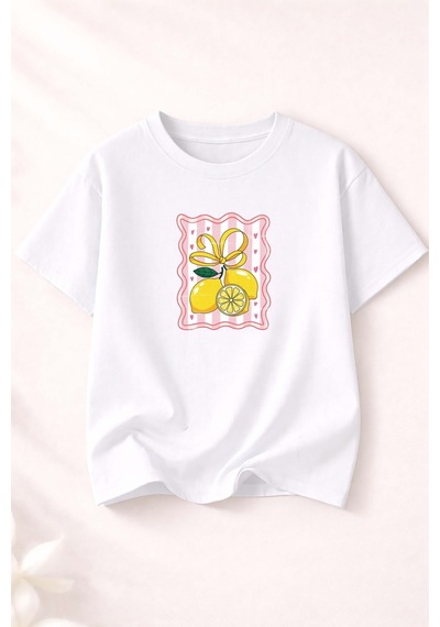 Herkesemoda Limon Baskı Detaylı Bisiklet Yaka Pamuklu Basic T-shirt Beyaz