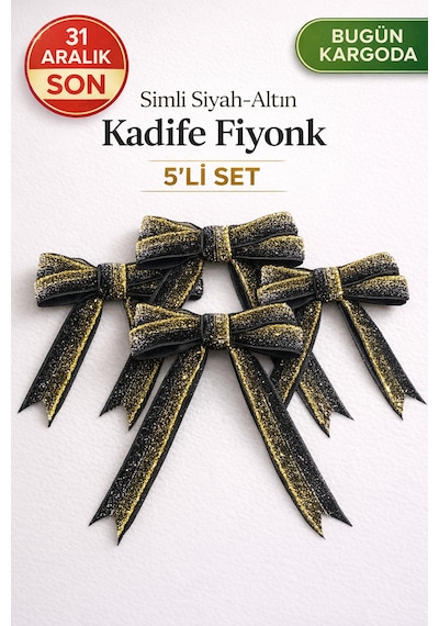 Yılbaşı Simli Siyah-altın Kadife Fiyonk Çam Ağacı & Hediye Süsü 5 Li Set