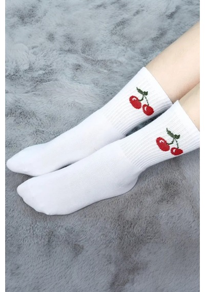 Hitit Socks Kadın 6 Çift Premium Kalite Renkli Çizgili Ve Meyve Desenli Nefes Alabilen Tenis Çorabı Beyaz