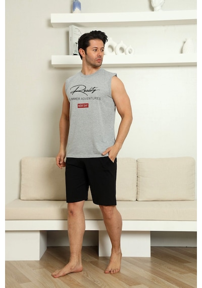 Nisanca Sportif %100 Pamuk Şortlu Erkek Pijama Takımı Gri