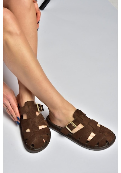 Fox Shoes Y596549502 Kahverengi Süet Tokalı Önü Kapalı Kadın Terlik