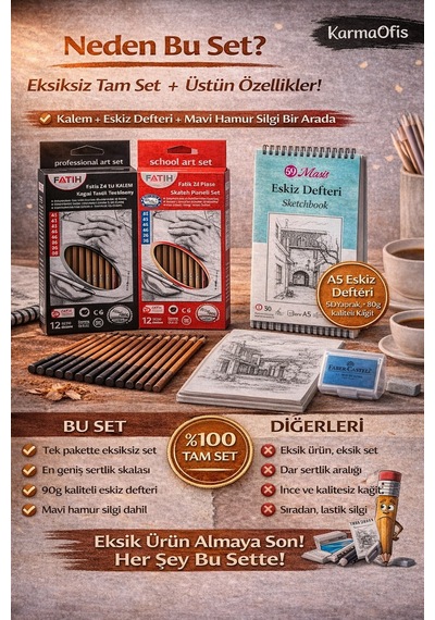 24 Lü Eskiz Kalem Seti + A5 Eskiz Defteri + Mavi Hamur Silgi Profesyonel Çizim Seti